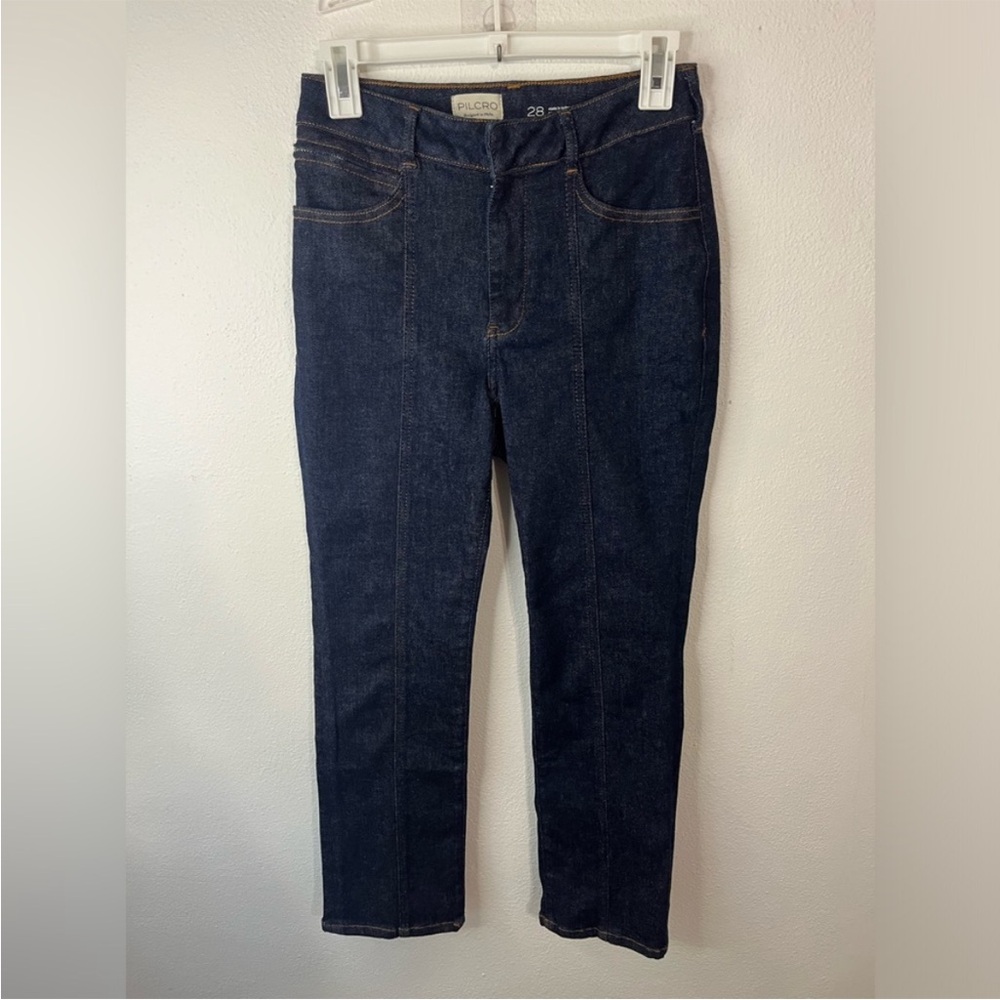 ANTHROPOLOGIE Pilcro High Rise Front Seam Straight Leg Jeans Dark Wash Size 28
